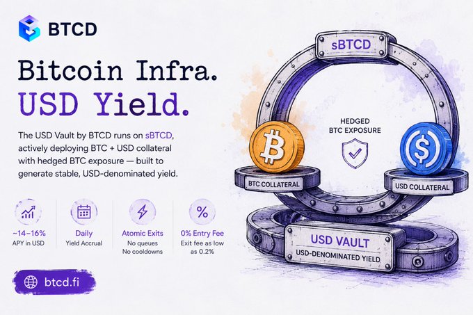 The image features a cartoon depiction of two coins - one blue and one orange - placed on top of each other with a shield in between them. The text above the coins reads "BITCOIN INFRRA. USDCYLD.", which is likely an advertisement for Bitcoin infrastructure services. Below this, there are three bullet points explaining how to use these services: "The USDCYLD by BTCD Vault".