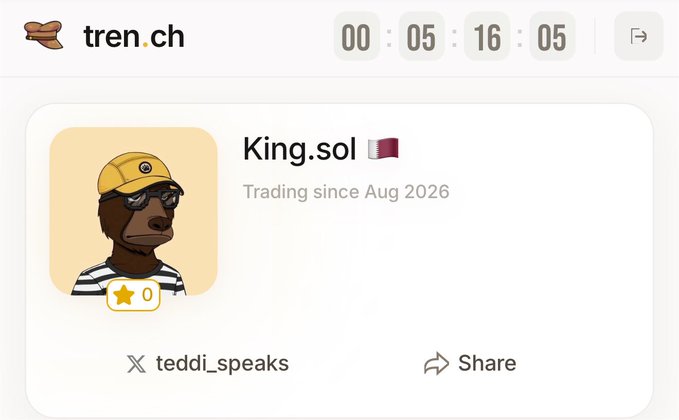 The image shows a countdown timer on tren.ch for "King.sol" (@teddi_speaks), displaying 00:05:16:05 remaining until launch. The profile indicates the user has been trading since August 2026 and features a cartoon avatar of a character wearing sunglasses and a yellow cap, promoting the time-sensitive launch.