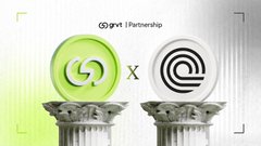 A minimalist graphic showing two classical columns, each topped with a circular logo, with 'pwn | Partnership' text and an 'x' between them, representing a partnership announcement.