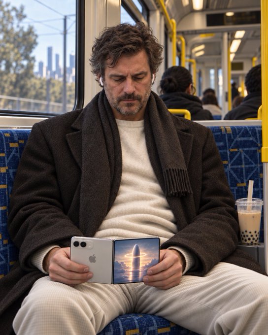 A man with curly dark hair and a scarf sits on a public transit train, looking at a foldable smartphone displaying an image of a rocket launch, with a bubble tea beside him and a city skyline visible through the window.
