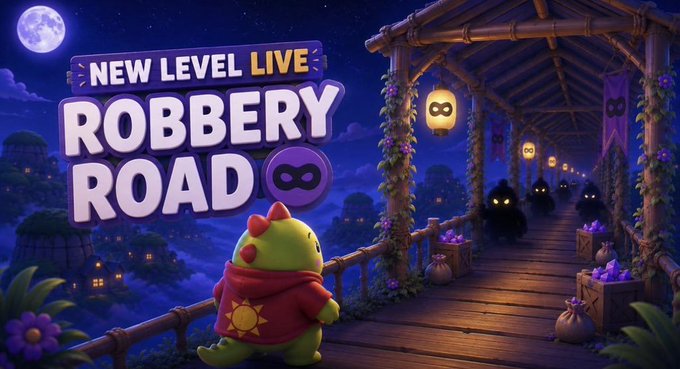 Promotional artwork for a game event titled "NEW LEVEL LIVE ROBBERY ROAD," showing a cartoon dinosaur character in a red hoodie overlooking a moonlit wooden bridge guarded by shadowy figures.