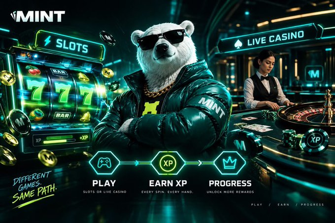 A promotional banner for 'MINT' featuring an anthropomorphic polar bear in a green puffer jacket and sunglasses, advertising slots and live casino games with the tagline 'Different Games. Same Path.'
