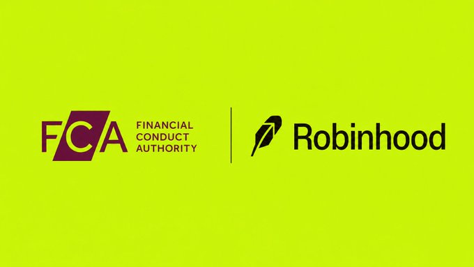 A green graphic displaying the FCA (Financial Conduct Authority) logo on the left next to a vertical line and the Robinhood logo on the right.