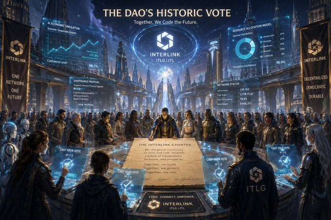 The image presents an elaborate scene of people participating in a futuristic vote process that takes place in a city setting. The citizens are casting their votes using holographic interfaces, which suggests a digital democracy approach. Simultaneously, AI-driven simulations float around them, indicating the integration of technology and finance within the governance structures. This post focuses on this unique fusion of governance, tech, and finance through the lens of an ITLG (Interlink), a fictional organization or initiative that deals with these aspects.