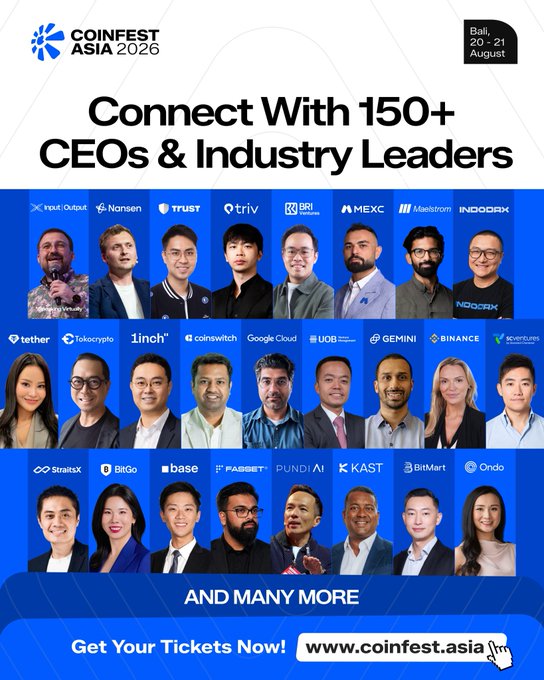 A promotional graphic for CoinFest Asia 2026 in Bali (August 20-21), featuring headshots of numerous CEOs and industry leaders from crypto companies like Binance, Google Cloud, and Coinbase.