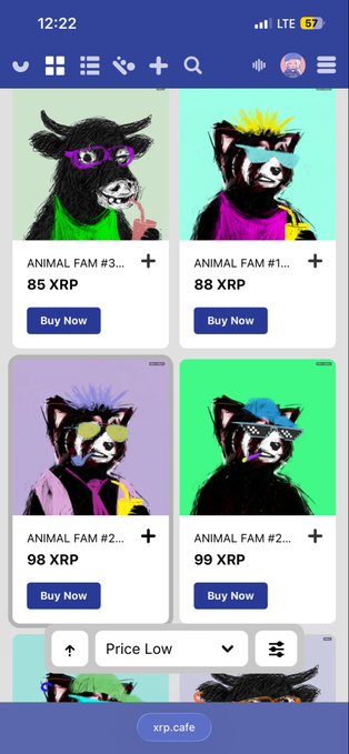 A mobile app screenshot displaying an NFT marketplace (xrp.cafe) featuring a grid of four animal-themed digital art pieces ('ANIMAL FAM'), with prices listed in XRP ranging from 85 to 99.