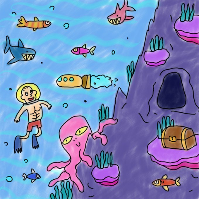 A cartoon underwater scene depicts a diver, sharks, fish, an octopus, coral, a treasure chest, and a submarine, evoking a deep-sea adventure. The whimsical imagery of discovering hidden treasure (the chest) parallels the post's tension about choosing whether to "drop evm wallet" amid the weight of "25 GTD."
