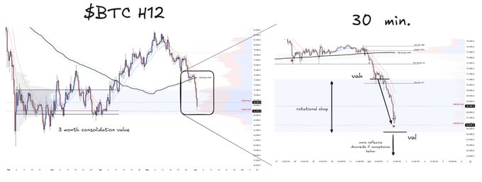 The image shows a line graph with two lines representing the value of Bitcoin over time, labeled as $BTCH12 and 30 min. There are also a few arrows pointing in different directions from each line. The title "BTC H1/2" is displayed on the right side of the image.