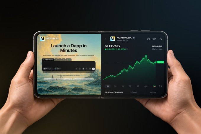 Two hands hold an unfolded dual-screen device displaying 'NOAH AI' on the left screen with 'Launch a Dapp in Minutes' and 'NOAH/NVDA' on the right screen showing a stock price chart at $0.1256 with a 29.18% increase.