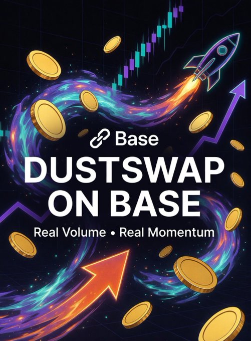 The image features an illustration of a rocket with a trailing stream of gold coins, which represent real currency or assets in the context of a Dustswap On Base strategy. The rocket symbolizes the main trading asset, while the coin stream represents its movement and flow through different price points. The text "Base" and "DUSTSWAP ON BASE" appear as part of the logo design for the cryptocurrency platform, highlighting that it is an online marketplace where traders can exchange real assets such as coins or currency units using cryptocurrency tokens. The image suggests a dynamic and interactive platform focusing on real-world assets rather than abstract virtual ones typically found in cryptocurrencies like Bitcoin.