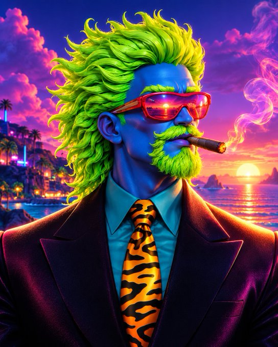 A stylish blue-skinned character with vibrant green hair and beard, wearing red sunglasses and an orange tiger-print tie, smokes a cigar against a tropical beach sunset backdrop, tying into the post's "green week" wish as his lush green mane visually reinforces the bullish sentiment.