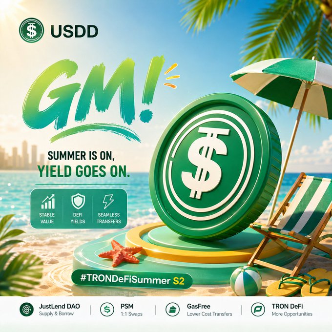 A vibrant beach-themed promotional graphic for USDD's #TRONDeFiSummer S2 campaign, featuring a large green USDD coin beside a striped beach chair and umbrella, with key text highlighting "STABLE VALUE," "DEFI YIELDS," and "SEAMLESS TRANSFERS," alongside logos for JustLend DAO, PSM, GasFree, and TRON DeFi. The image visually reinforces the post's message by presenting USDD not just as a stablecoin, but as a gateway to broader DeFi opportunities through platforms like JustLend DAO and GasFree, with the relaxed summer imagery symbolizing ongoing, accessible yield exploration.
