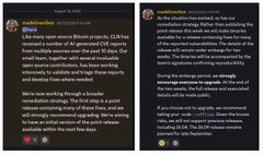 Two side-by-side X (Twitter) posts from 'mattzbrown' discussing an open-source Bitcoin project and reflecting on the site's growth and plans for the upcoming year.