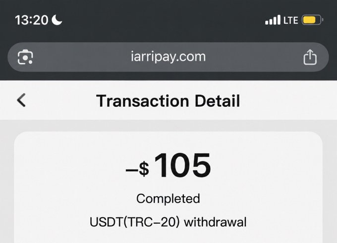 A screenshot of an iarripay.com Transaction Detail page showing a completed $105 USDT (TRC-20) withdrawal, directly corroborating the poster's claim of successfully cashing out that amount.
