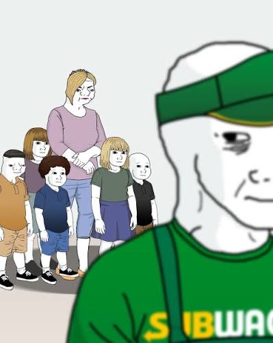 The image shows a group of sad-looking children and their mother standing together, while a large man in a green "SUBWAY" visor looms in the foreground, evoking the "Doomer" meme character. This visualizes the post's joke about a family left destitute because the father wasted their savings on memecoins.