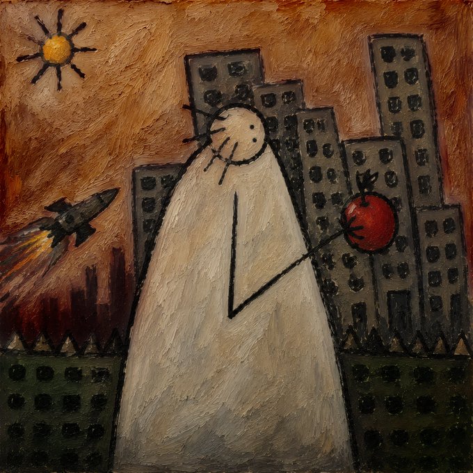 Naive-style folk art painting depicting a pale figure in a white robe in a cityscape, holding a red apple, with a sun, rocket, and dark buildings in the background.