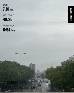 A Garmin running app screenshot shows a 7.01 km morning run completed in 48:25 at a 6:54/km pace in Minato Ward, Tokyo. The overlay text "瑞穂区 ラン" and the rainy, overcast streetscape align with the post about a rainy morning run that was cut short due to heavy rain.