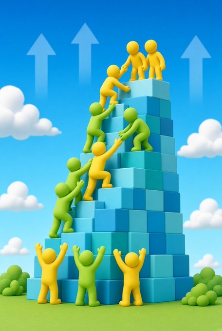 A 3D illustration showing green and yellow figures climbing a blue cube tower together with arrows pointing upward, symbolizing teamwork and growth.