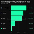 A chart titled 'Market cap growth by chain (Past 30 Days)' displays a bar graph showing various chains ranked by market cap.
