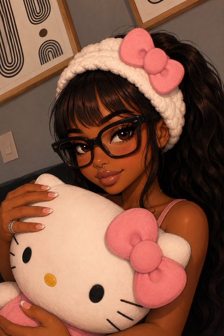 An illustration of a young Black woman with glasses, wearing a white knit headband with a pink bow, hugging a Hello Kitty plush toy.