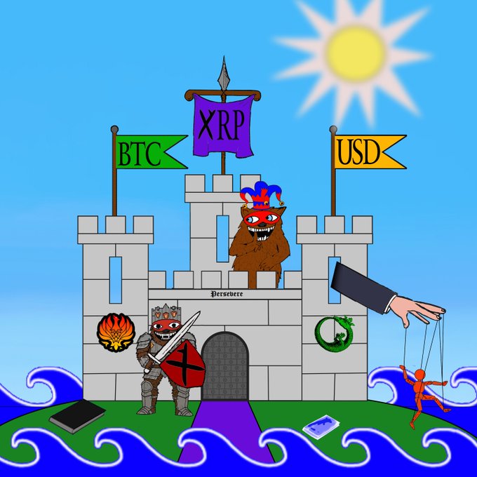 A cartoon castle scene featuring flags labeled 'BTC', 'XRP', and 'USD', with a jester character, a knight with an XRP shield, and a puppet master hand controlling an XRP marionette.