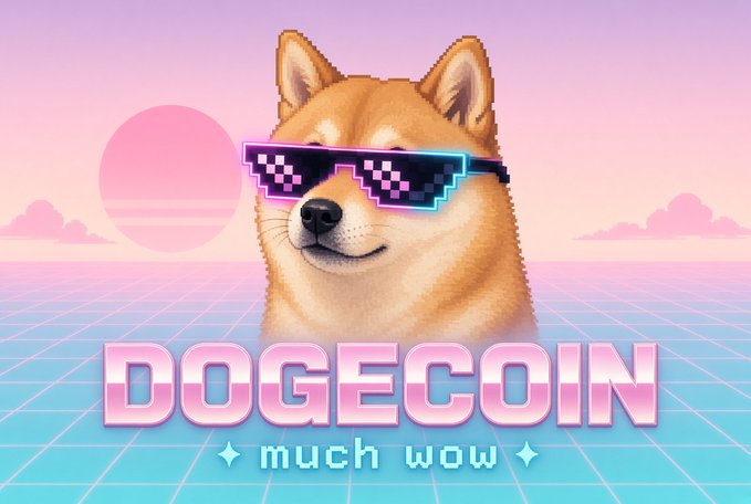 A vaporwave-style graphic features the Shiba Inu Doge mascot wearing pixelated sunglasses against a pink and blue grid background with the text 'DOGECOIN ✧ much wow ✧'.