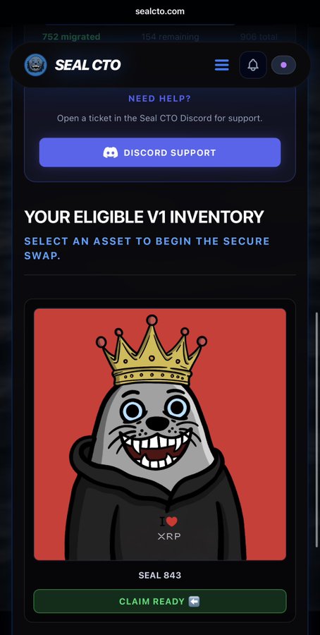 Screenshot of the sealcto.com migration interface showing "752 migrated, 154 remaining, 906 total" at the top, with a user's eligible V1 inventory displaying their "SEAL 843" NFT (XRP-tickered seal with a crown on red background) marked as "CLAIM READY." The image supports the post by visually demonstrating the migration tool used to transition the user's Seal NFT from V1 to V2.