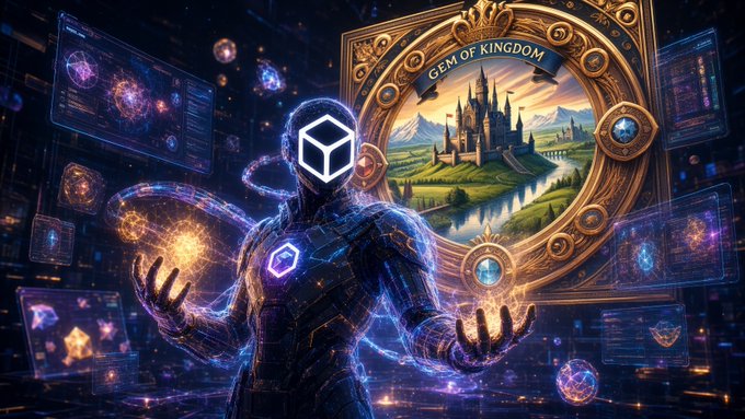 A digital artwork featuring a futuristic armored figure with a geometric head, surrounded by holographic displays and a glowing portal reading 'GEM OF KINGDOM' showing a fantasy castle.