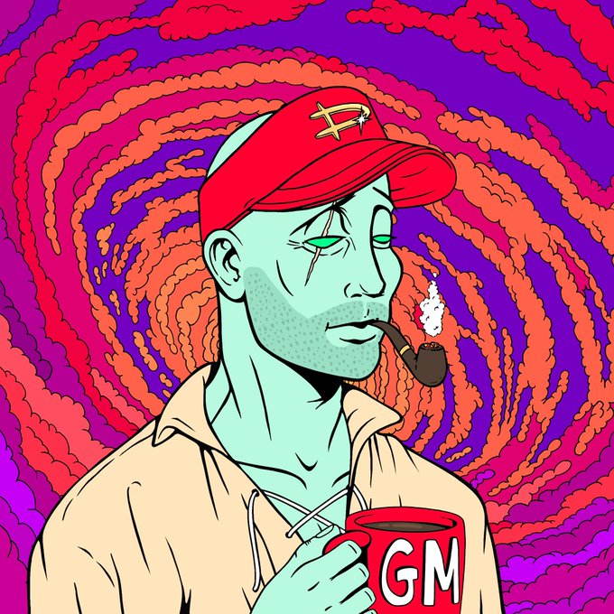 A stylized cartoon illustration of a green-skinned man wearing a red Bitcoin-logo cap, smoking a pipe, and holding a red mug labeled 'GM' against a swirling pink and purple background.