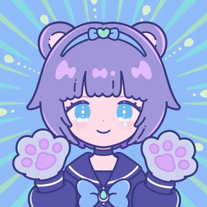 A cute cartoon character with purple hair, bear ears, and blue eyes smiles while wearing a dark blue outfit with paw-print mittens and a heart headband.