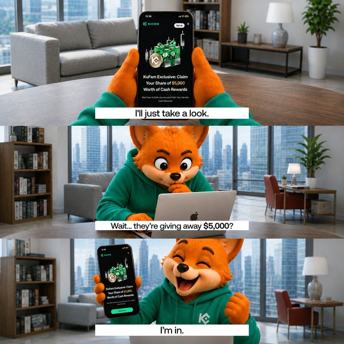 A KuCoin mascot fox browses the platform on a laptop and phone in a modern apartment, discovering a "KuFam Exclusive: Claim Your Share of $5,000 Worth of Cash Rewards" promotion. The three-panel comic captures the journey from casual curiosity ("I'll just take a look") to disbelief ("Wait… they're giving away $5,000?") to excitement ("I'm in."), mirroring the post's call to complete tasks and claim rewards at kucoin.com/campaigns.