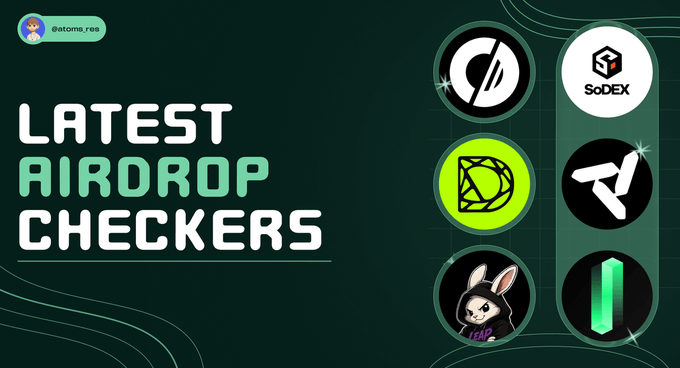 The image is a promotional graphic with the bold title "LATEST AIRDROP CHECKERS" alongside logos of featured projects, complementing the post's list of airdrops such as Solstice, DGrid AI, and Quant.