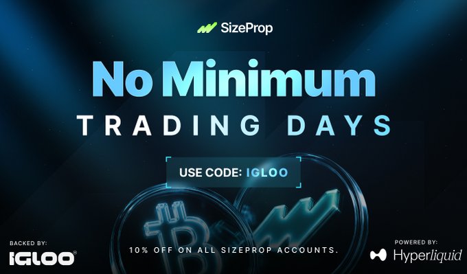 A promotional graphic for SizeProp featuring the "No Minimum Trading Days" offer with promo code IGLOO, backed by IGLOO and powered by Hyperliquid. The ad reinforces the post's message by encouraging traders to skip unfavorable market stretches—like the potential "Rektember" downturn—and only trade when their setup aligns, eliminating pressure from mandatory minimum day requirements.