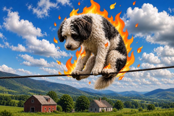 A fluffy black and white dog balances on a tightrope while engulfed in flames, set against a serene countryside backdrop with a red barn and farmhouse. The image evokes a "walking on fire" or precarious performance, metaphorically reflecting the post's risky crypto announcement linking NFT rewards and ETH mining revenue to DOGE/DOW.