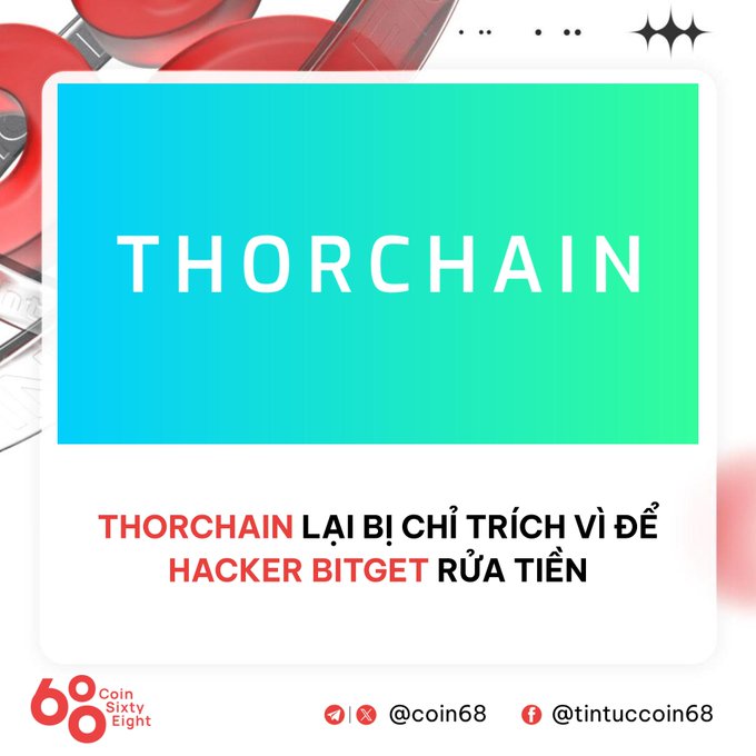 A graphic with a teal-to-green gradient background featuring the word 'THORCHAIN' in large white letters, with Vietnamese text below reading 'THORCHAIN LẠI BỊ CHỈ TRÍCH VÌ ĐỂ HACKER BITGET RỬA TIỀN', branded by 'Coin Sixty Eight' with social handles @coin68 and @tintuccoin68.