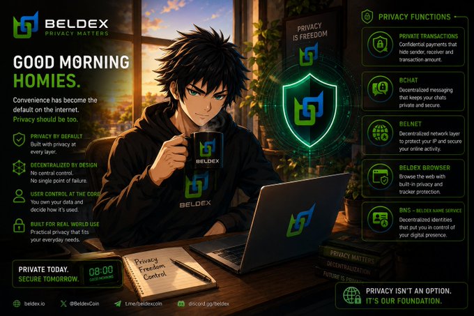 An anime-style promotional graphic for "BELDEX" featuring a young man holding a branded mug at a desk with a laptop, listing privacy features like "PRIVATE TRANSACTIONS," "BCHAT," "BELNET," and "BELDEX BROWSER."