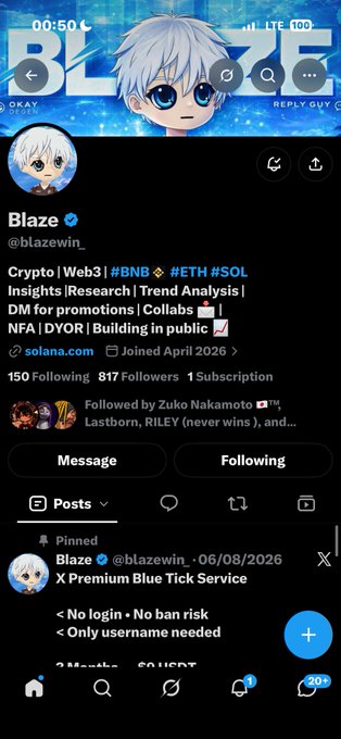 A Twitter/X profile for 'Blaze' (@blazewin_) featuring an anime avatar, advertising crypto insights for #BNB #ETH #SOL and a 'Premium Blue Tick Service'.