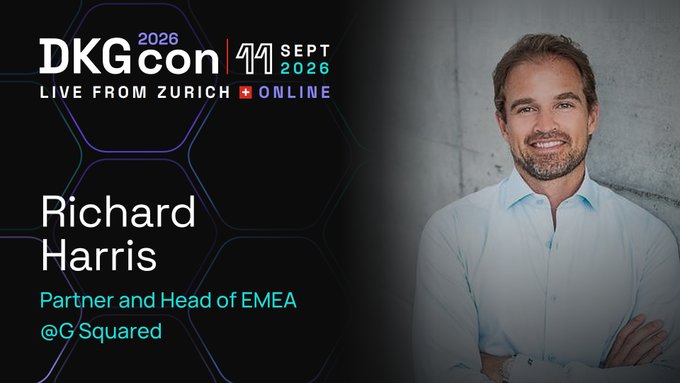 Promotional graphic for DKGcon 2026 conference featuring Richard Harris, Partner and Head of EMEA @G Squared, scheduled for September 11, 2026, live from Zurich and online.
