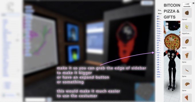 A screenshot of a 3D avatar customization interface with a 'BITCOIN PIZZA & GIFTS' wearable menu open, accompanied by pink user feedback suggesting an expand button or resizable sidebar.