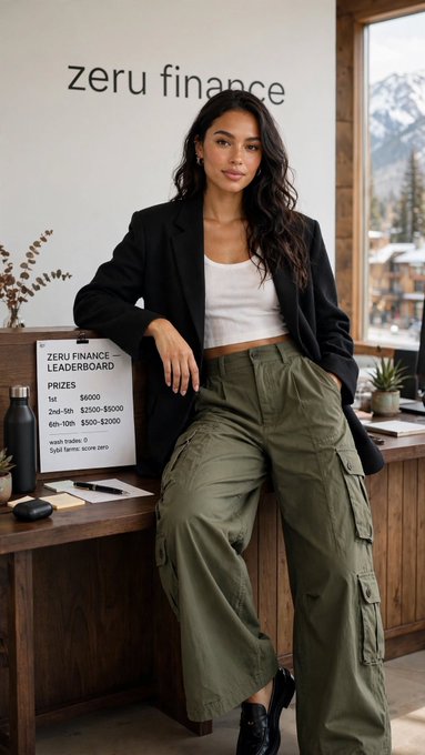 A fashion-style image of a woman in a black blazer and olive green cargo pants posing in an office, with 'zeru finance' branding and a leaderboard listing prizes ($6000, $2500-$6000, $500-$2000) visible.
