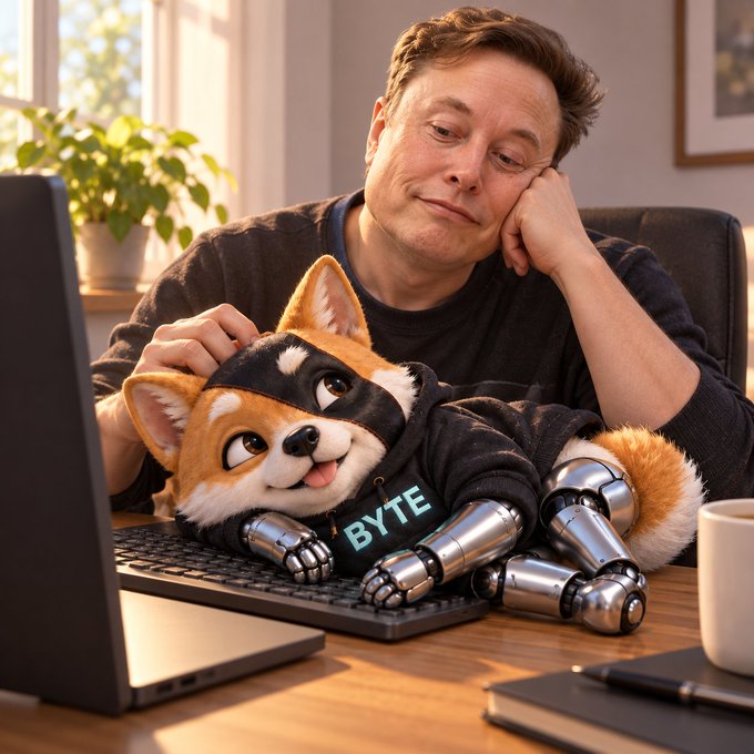 An AI-generated image depicting a man resembling Elon Musk petting a robotic Shiba Inu dog with metallic limbs and a 'BYTE' tag, sitting at a desk with a laptop.
