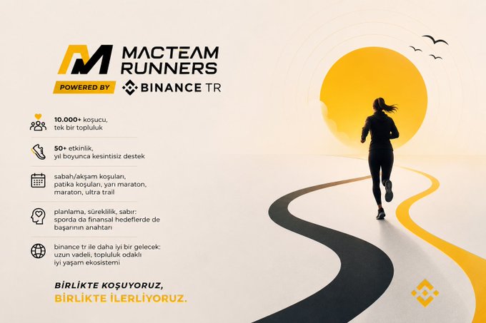 A promotional graphic for "MACTEAM RUNNERS POWERED BY BINANCE TR" features a silhouette of a female runner against a yellow sun, alongside Turkish text highlighting benefits such as 10,000+ members, 50+ events, and year-round support for running communities, with the slogan "BİRLİKTE KOŞUYORUZ, BİRLİKTE İLERLİYORUZ" (We run together, we progress together), visually reinforcing the post's message about consistent effort and community support in running.
