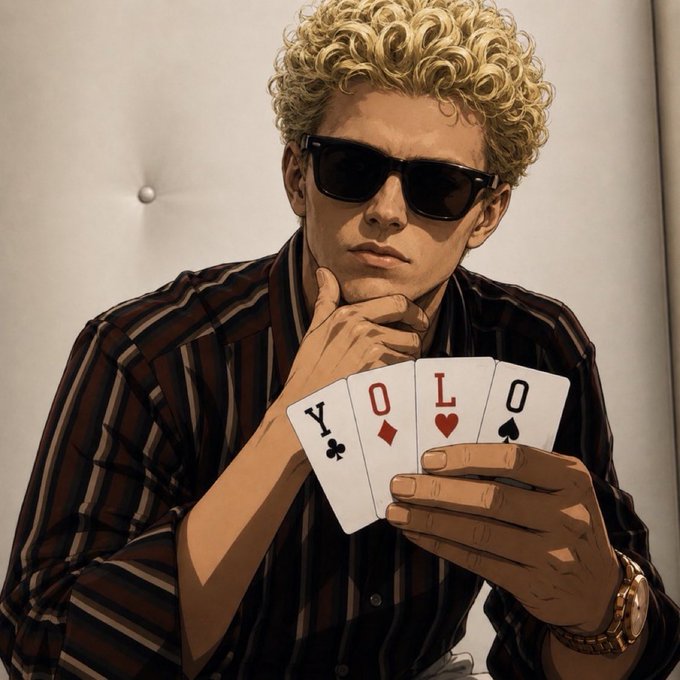 An illustrated portrait of a young man with curly blonde hair and sunglasses holding four playing cards spelling out "YOLO" with their suit symbols.