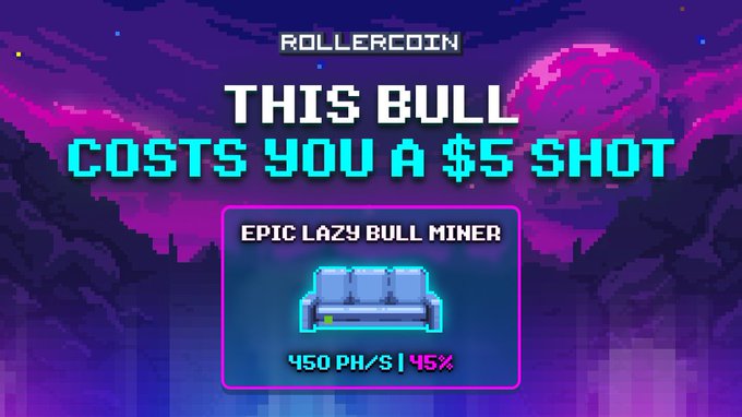 A pixel-art promotional graphic for RollerCoin set against a purple galaxy background advertises the "EPIC Lazy Bull Miner" offering 450 PH/s power and a 45% bonus, with bold text declaring "THIS BULL COSTS YOU A $5 SHOT" to emphasize the affordable challenge requirement mentioned in the accompanying post about unlocking the vault.