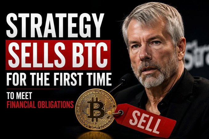 A YouTube-style thumbnail showing Michael Saylor with text reading 'STRATEGY SELLS BTC FOR THE FIRST TIME TO MEET FINANCIAL OBLIGATIONS' alongside a Bitcoin coin and a red 'SELL' tag.