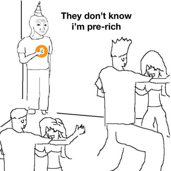 A black-and-white Wojak-style meme showing a figure wearing a party hat with a Bitcoin logo on his shirt, standing alone at a party while others socialize, captioned 'They don't know i'm pre-rich'.