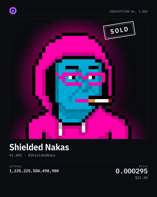 A pixel art NFT titled 'Shielded Nakas' (Inscription No. 1,802) showing a cyan-skinned character in a pink hoodie with a cigarette, marked 'SOLD' for $25.00.