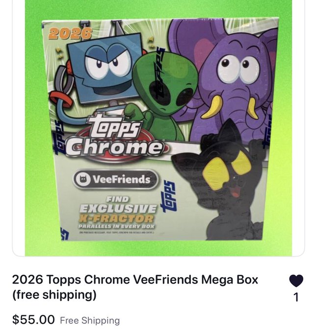 Image 3: Product listing for a '2026 Topps Chrome VeeFriends Mega Box (free shipping)' priced at $55.00, displaying colorful cartoon characters including an alien and elephant on the box packaging.