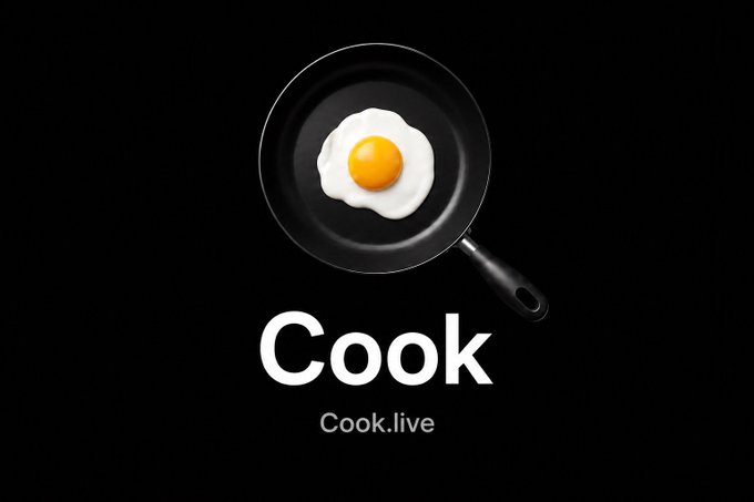 A logo for 'Cook' (Cook.live) featuring a fried egg in a black frying pan against a black background.