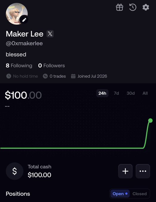 A Robinhood trading profile screenshot for 'Maker Lee' (@Oxmakerlee) with 8 Following, 0 Followers, showing a Total cash balance of $100.00 with a flat then sharply rising green chart.